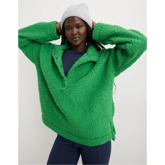 Aerie Kelly Green Fleece Quarter Snap Sherpa Pullover Oversized - Picture 2 of 10